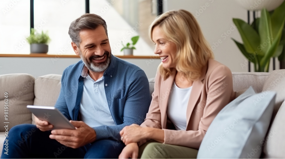 Happy middle-aged Caucasian man and woman using a tablet while sitting on a sofa at home. Happy middle-aged Caucasian man and woman using a tablet while sitting on a sofa at home.