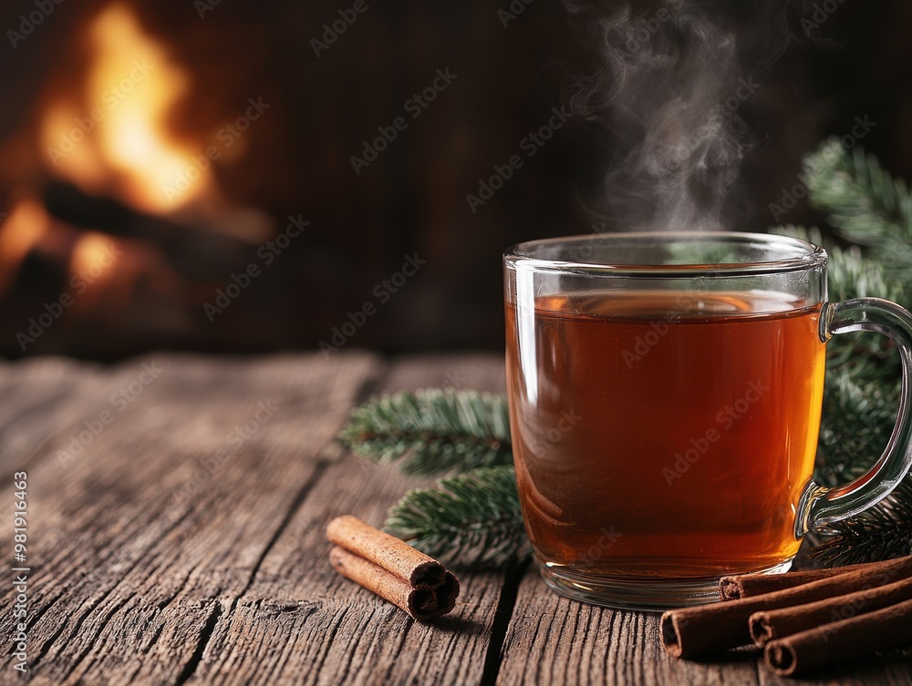 Fototapeta premium Cozy winter drink with steam and cinnamon sticks
