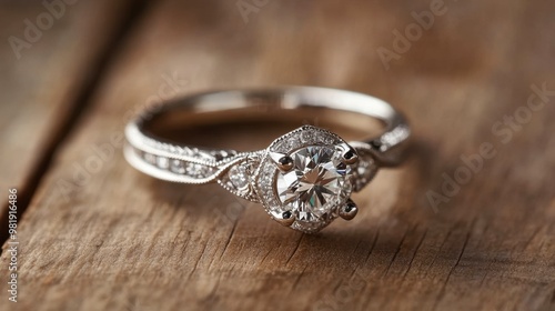 A diamond engagement ring in a vintage setting with intricate band details, set against a classic wooden background.