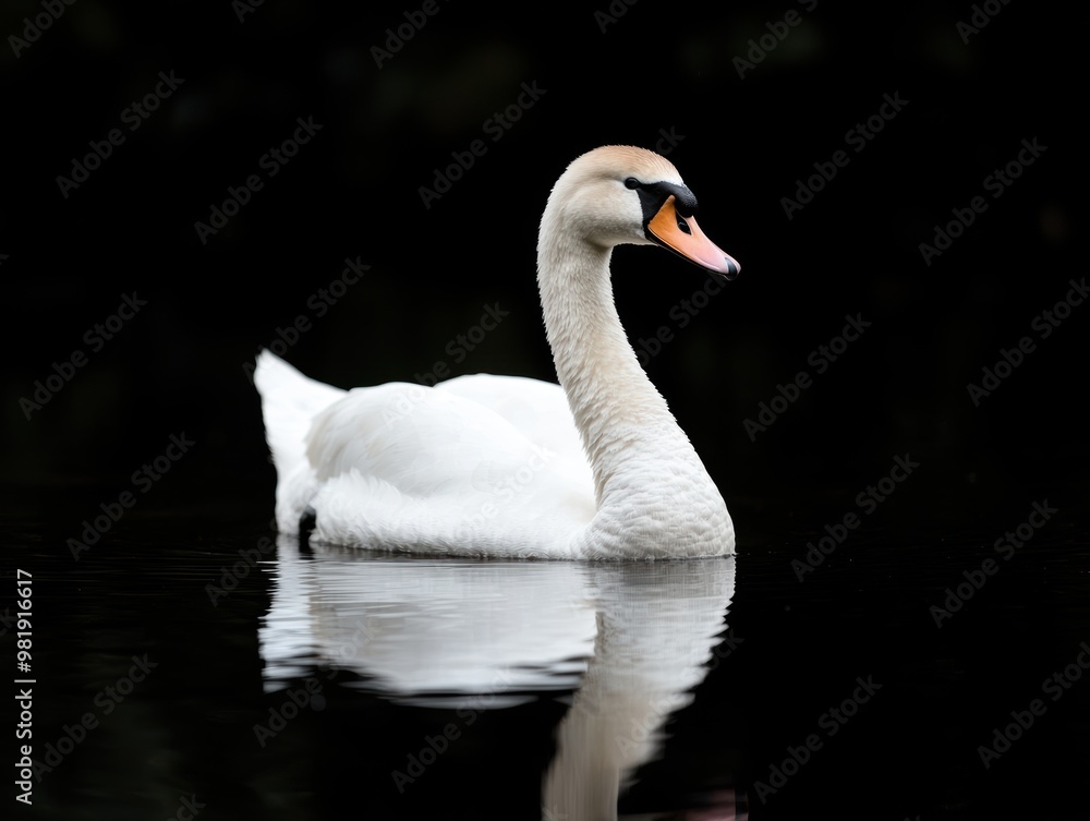 Elegant white swan floating on dark water Elegant white swan floating on dark water