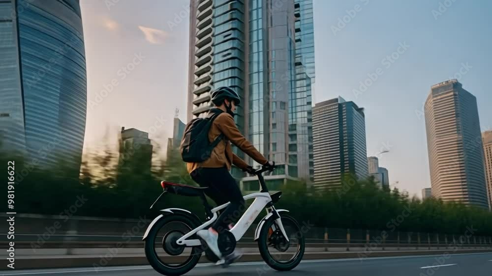 A cyclist rides in a designated bike lane flanked by greenery and tall skyscrapers. The clean, modern urban setting, bathed in early morning sunlight, highlights the trend of eco-friendly commuting. A cyclist rides in a designated bike lane flanked by greenery and tall skyscrapers. The clean, modern urban setting, bathed in early morning sunlight, highlights the trend of eco-friendly commuting.