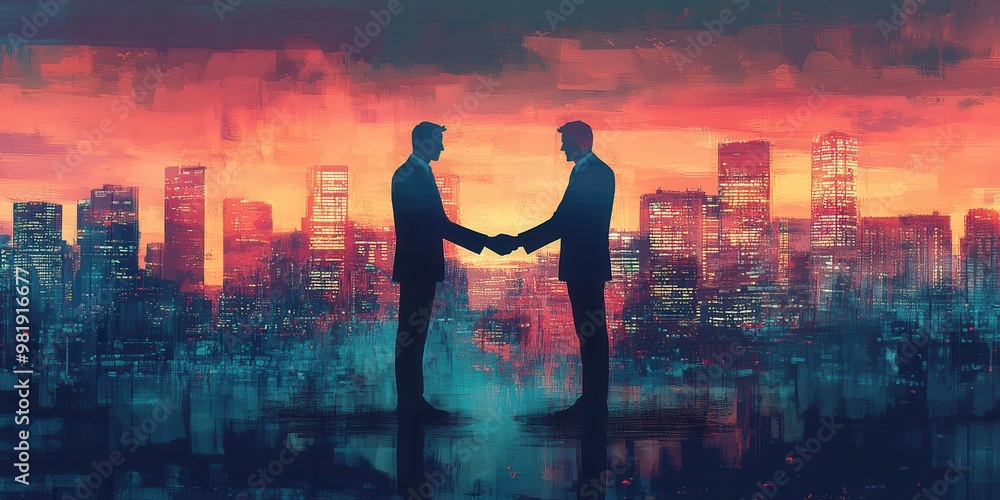 Fototapeta premium Silhouette of two businessmen shaking hands with a vibrant cityscape backdrop at sunset, symbolizing partnership and agreement.