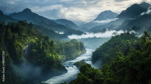 Serene River Winding Through a Misty Mountain Valley