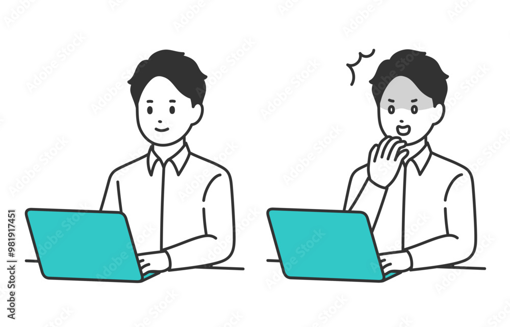 パソコンを見る・ショックのポーズをする若い男性のセット【人物ベクターイラスト素材】 パソコンを見る・ショックのポーズをする若い男性のセット【人物ベクターイラスト素材】