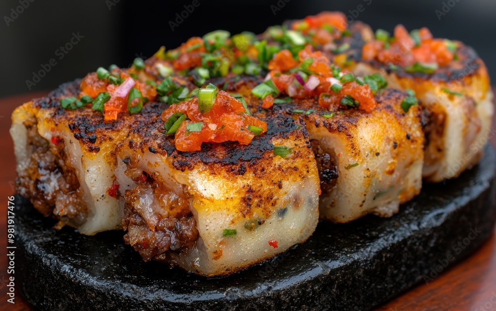 Delicious spicy stuffed potato bites with colorful toppings Delicious spicy stuffed potato bites with colorful toppings