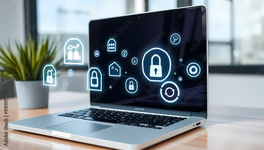 Fototapeta premium laptop with float icon on a table