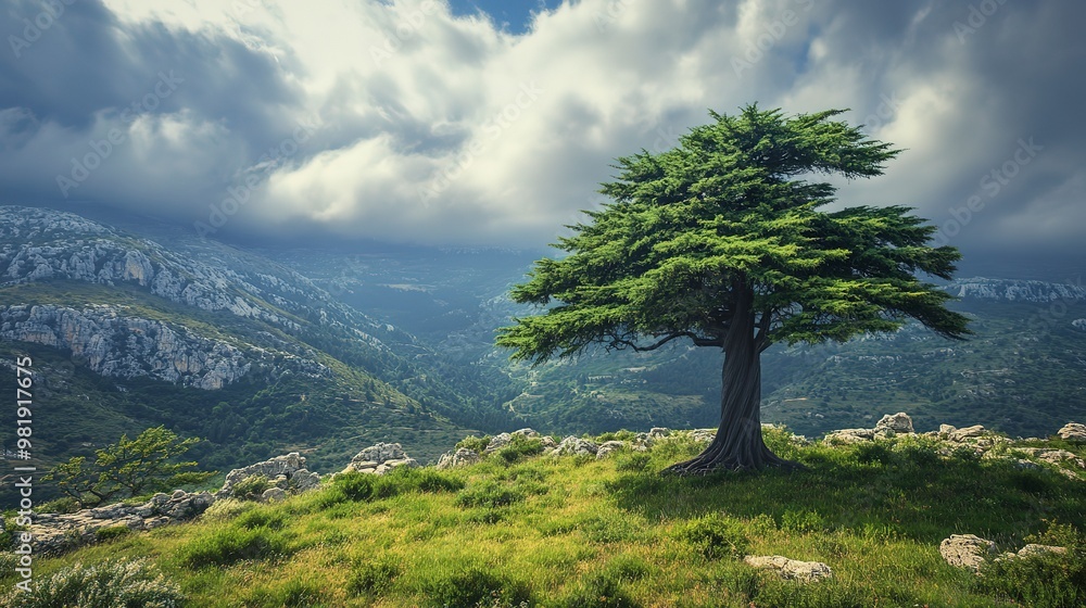 Majestic Cedar of Lebanon Towering Among Mountainous Landscape with Dramatic Skies Majestic Cedar of Lebanon Towering Among Mountainous Landscape with Dramatic Skies
