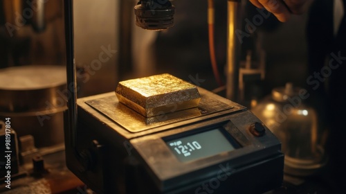 A gold bar being weighed on a high-precision scale, with the scale's digital display showing the exact weight.