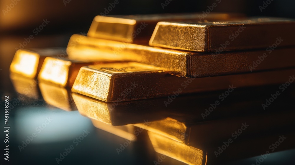 A high-definition close-up of gold bars stacked on a glass table, reflecting light and showcasing their quality. A high-definition close-up of gold bars stacked on a glass table, reflecting light and showcasing their quality.