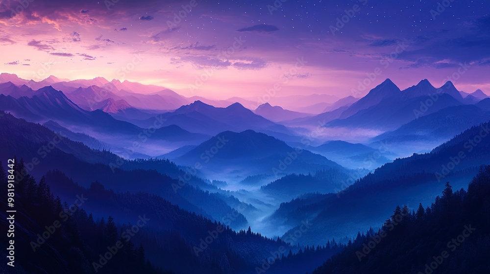 Wallpaper featuring a mountain vista at dusk deep colors in the sky and soft ambient light creating tranquility Wallpaper featuring a mountain vista at dusk deep colors in the sky and soft ambient light creating tranquility