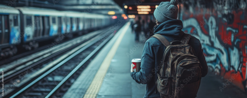 A traveler with backpack and cup of coffee stands at train station, waiting for next train. urban environment features graffiti and bustling atmosphere A traveler with backpack and cup of coffee stands at train station, waiting for next train. urban environment features graffiti and bustling atmosphere