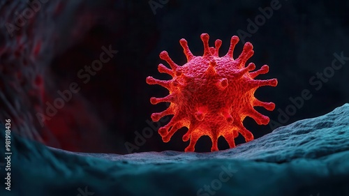 Virus particle, ultra-detailed 3D render, floating in a biohazardous environment, glowing cells and molecules, highly realistic photo