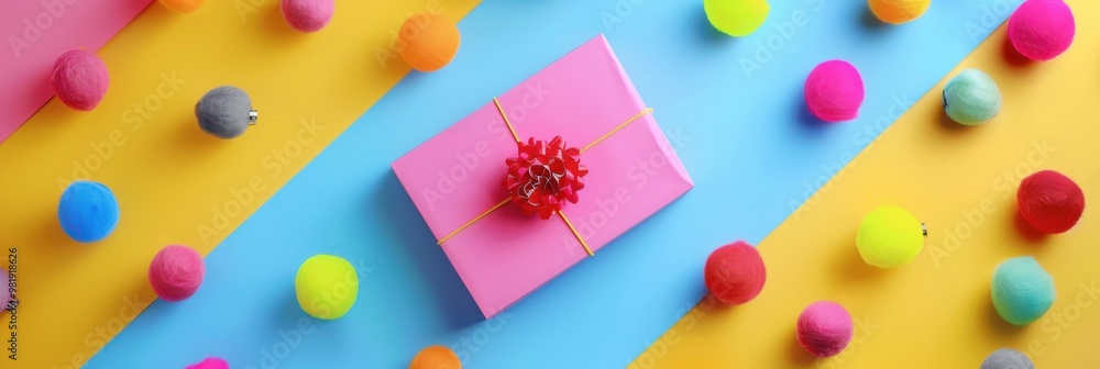 Top view of a gift box with a festive card, clean bright background, colorful pom-poms, vibrant and joyful. Top view of a gift box with a festive card, clean bright background, colorful pom-poms, vibrant and joyful.