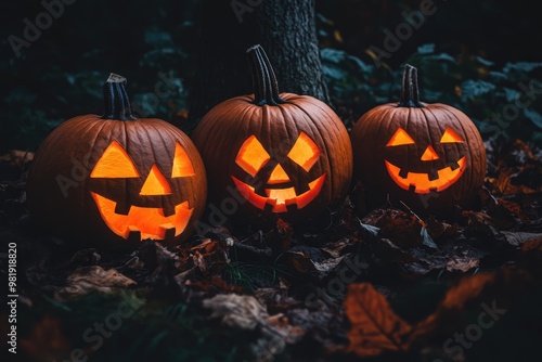 Three Lit Jack-o'-Lanterns in a Forest Setting