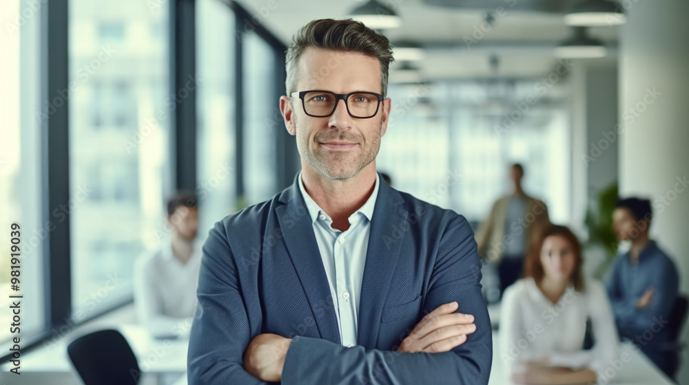 Obraz premium Portrait of a confident businessman with arms crossed, standing in front of a business team working together in a conference room.