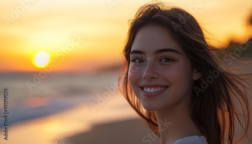 Captivating portrait of a young woman with a soft smile her hair gently blowing in the wind with a backdrop of a sunset-lit beach