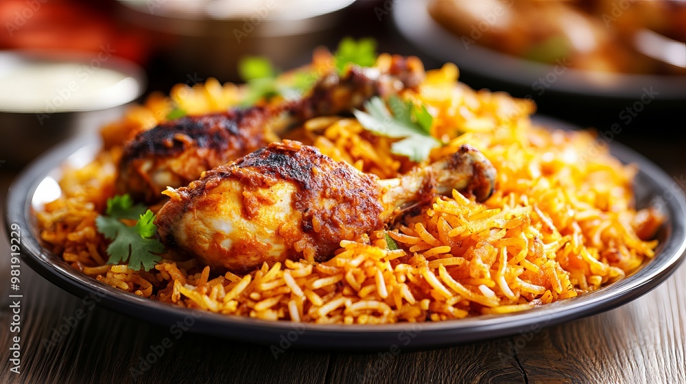 Showcasing a close-up of a wooden table serving chicken biryani Showcasing a close-up of a wooden table serving chicken biryani
