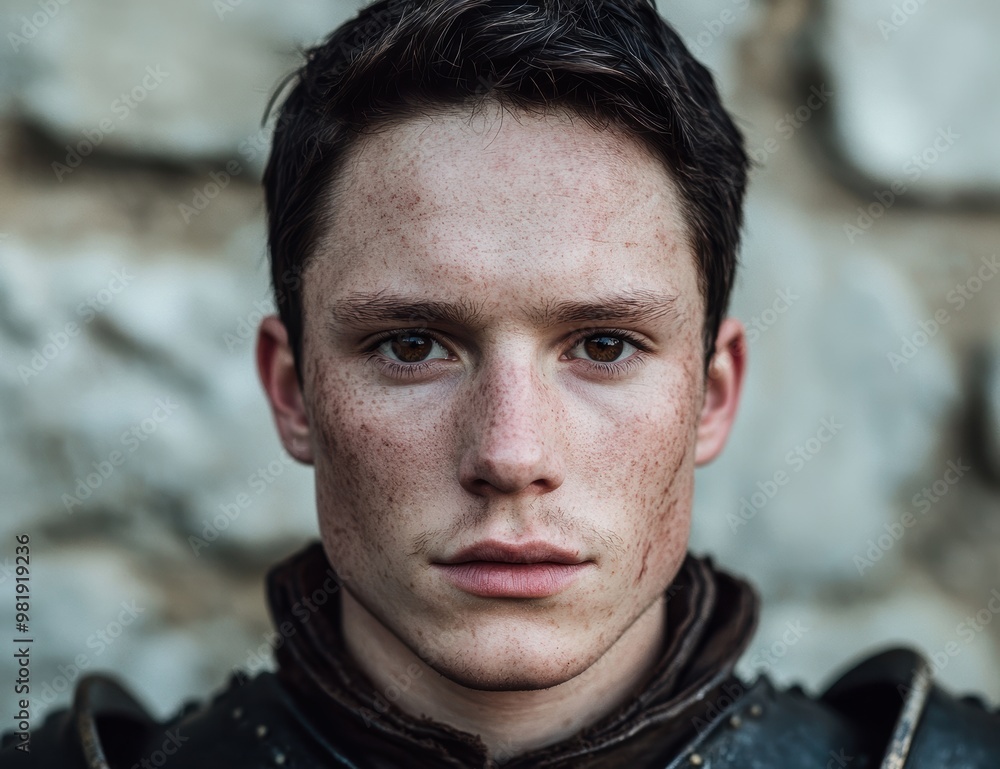 Intense gaze of a young man with freckles Intense gaze of a young man with freckles