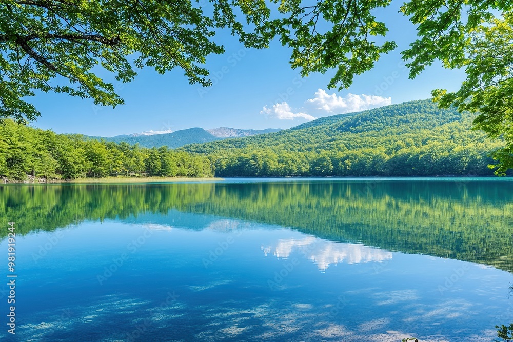 Photo of Blue Lake in beenz, skopje region, Macedonia. The forest and lake reflect each other Photo of Blue Lake in beenz, skopje region, Macedonia. The forest and lake reflect each other