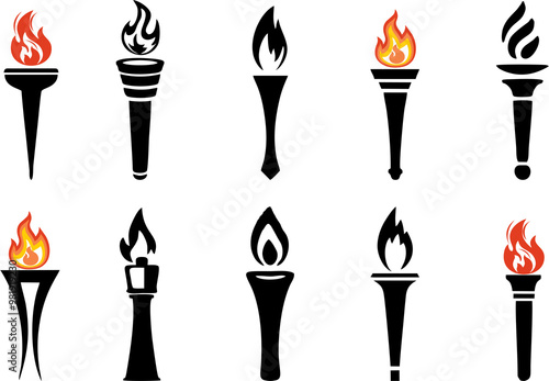 Set of traditional ancient Greek torch icons. Greece runner, Sport flame. Symbol of light and enlightenment. High HD resolution burning stick, sports symbol icon, historical tradition icons.