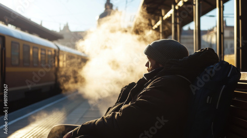 A backpacker is resting on bench at train station, surrounded by steam and sunlight. scene captures moment of tranquility amidst travel