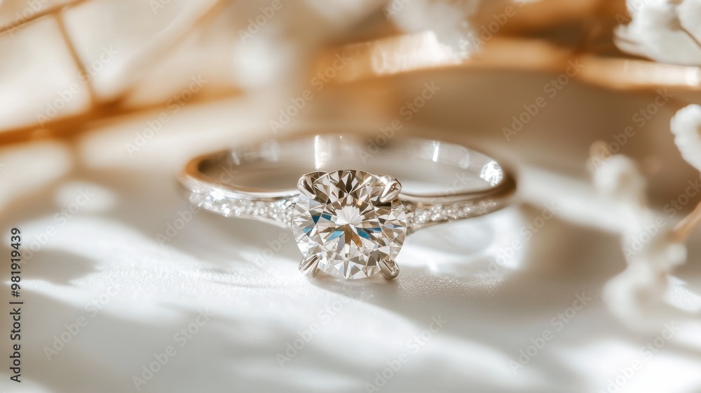 A luxurious engagement ring featuring a prominent gem, photographed against a minimalist white backdrop to highlight its elegance. A luxurious engagement ring featuring a prominent gem, photographed against a minimalist white backdrop to highlight its elegance.