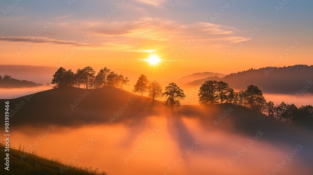 Dramatic sunrise over the fog and a range of tree silhouettes on a hill a landscape panorama with dreamy sky the rising sun and warm colors Dramatic sunrise over the fog and a range of tree silhouettes on a hill a landscape panorama with dreamy sky the rising sun and warm colors