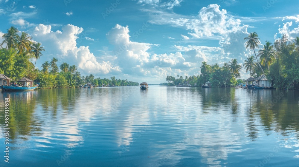 A panoramic view of the Kerala backwaters, with houseboats cruising through calm waters. A panoramic view of the Kerala backwaters, with houseboats cruising through calm waters.