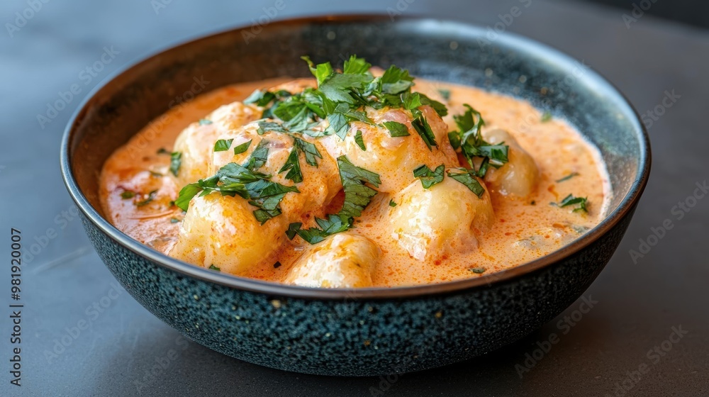 Delicious curry dish with potatoes and fresh herbs Delicious curry dish with potatoes and fresh herbs