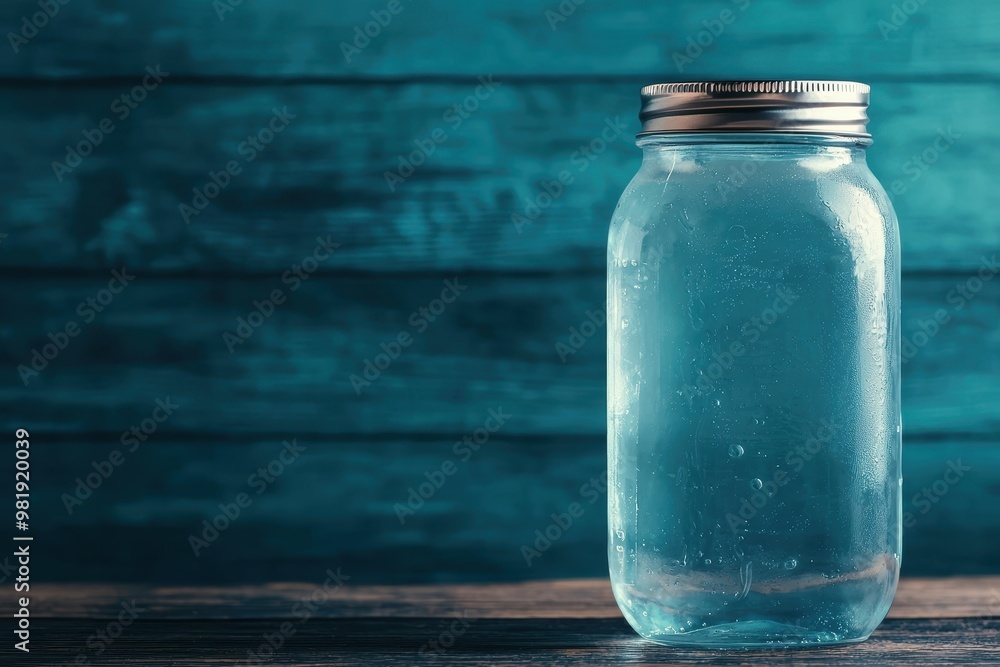 Refreshing glass jar of water on wooden table Refreshing glass jar of water on wooden table