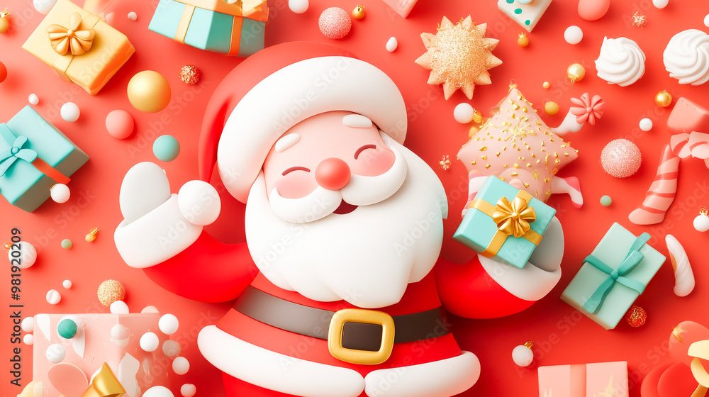 Fototapeta premium Joyful Santa Claus: Festive Christmas cheer with a cheerful Santa Claus surrounded by colorful presents, ornaments, and candy canes on a red background. Perfect for winter holidays, Christmas,