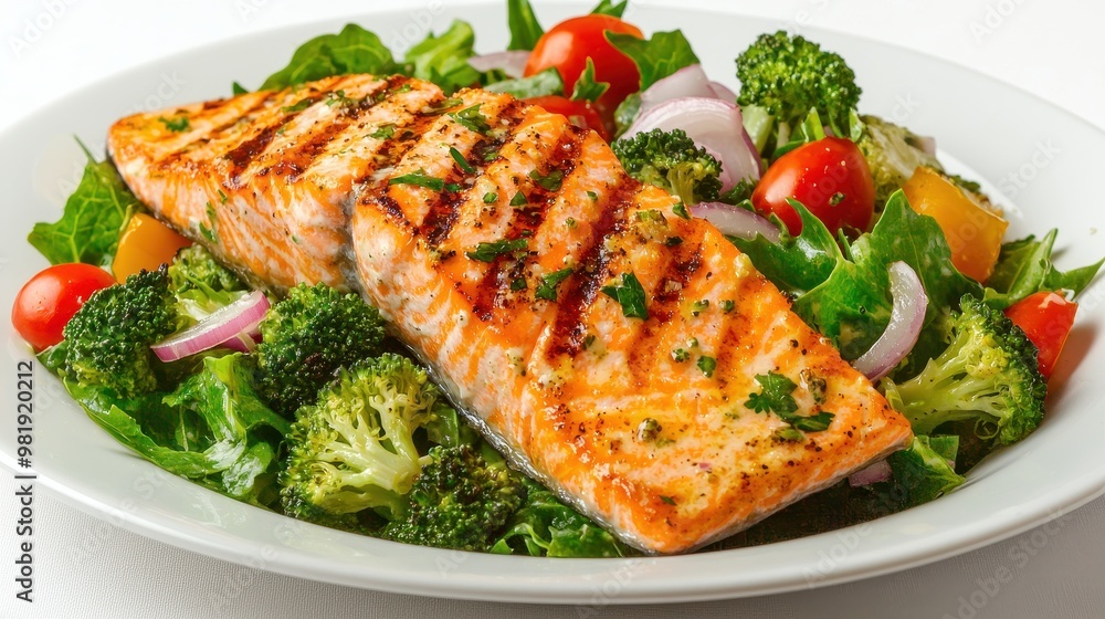 Grilled Salmon with Broccoli Salad and Cherry Tomatoes Grilled Salmon with Broccoli Salad and Cherry Tomatoes