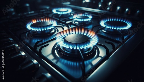 gas stove burners, blue flames, dark kitchen, close-up, atmospheric lighting, energy consumption, cooking appliance, heat source, industrial design, panoramic view, high contrast, depth of field, meta