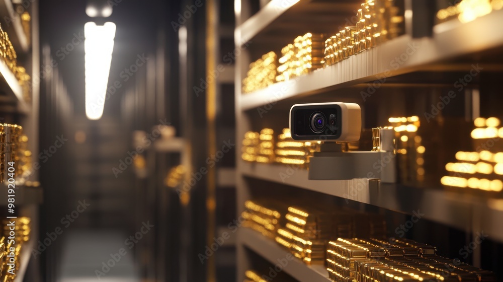 A sophisticated security system with cameras and alarms, guarding a room full of stacked gold bars. A sophisticated security system with cameras and alarms, guarding a room full of stacked gold bars.