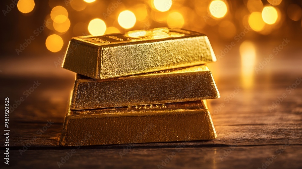A stack of gleaming gold bars arranged neatly on a polished wooden table, with soft lighting highlighting their shiny surface. A stack of gleaming gold bars arranged neatly on a polished wooden table, with soft lighting highlighting their shiny surface.