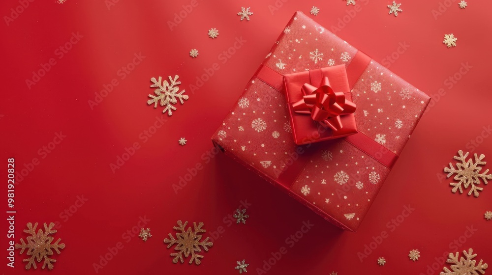 Top view of a gift box with holiday wrapping, clean red background, snowflakes, festive and cheerful. Top view of a gift box with holiday wrapping, clean red background, snowflakes, festive and cheerful.