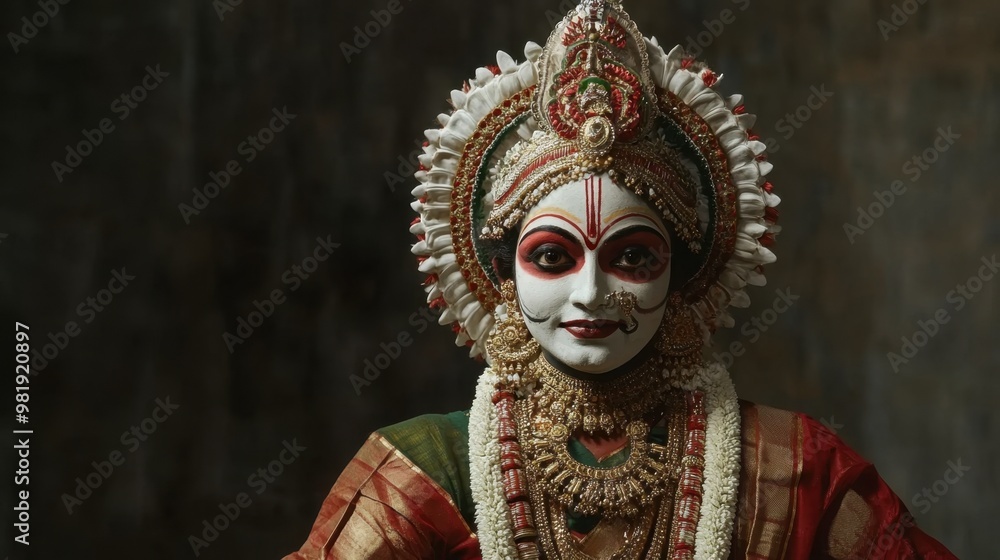 Fototapeta premium A traditional Kathakali dancer in full costume and makeup, performing a classical dance.