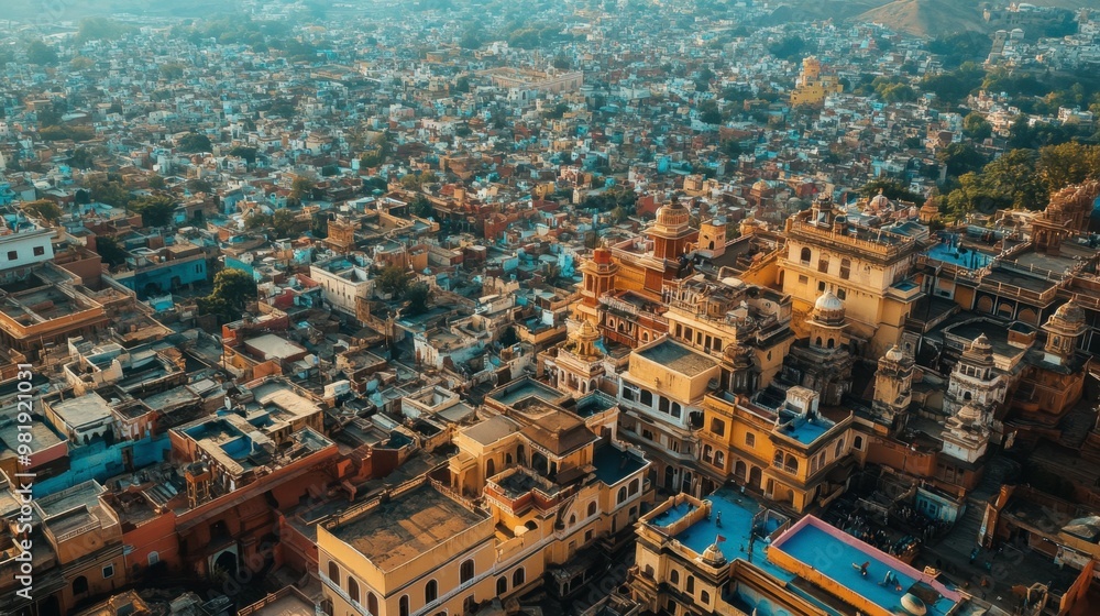 Fototapeta premium An aerial view of Jaipur's Pink City, with its historic architecture and market streets.