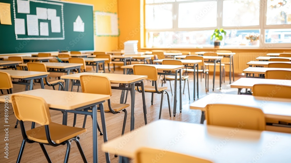 Empty Classroom Desks and Chairs for Education and Learning Empty Classroom Desks and Chairs for Education and Learning