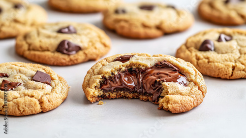 Delicious chocolate chip cookies with gooey melted chocolate center on a light background, showcasing a freshly baked treat