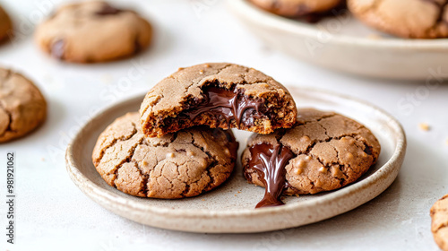 Delicious freshly baked cookies with gooey melted chocolate filling on a rustic plate, perfect for dessert or snacks