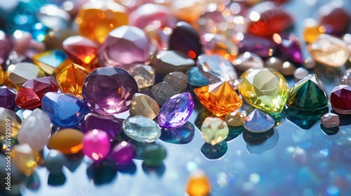 An assortment of colorful gems scattered on a reflective surface, showcasing their variety and sparkle.