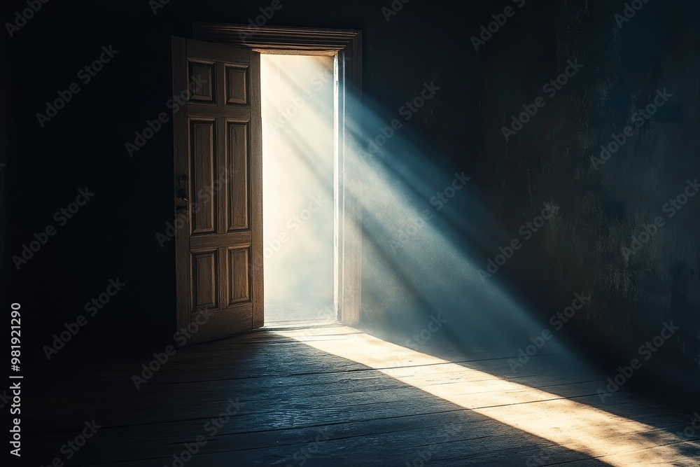 A single ray of light shines through an open door in a dark room, illuminating the wooden floor. A single ray of light shines through an open door in a dark room, illuminating the wooden floor.