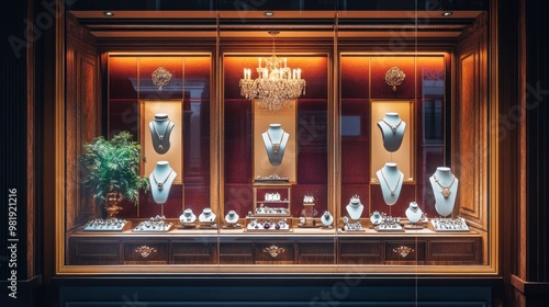 An elegant jewelry store window showcasing a variety of gems and gemstone jewelry, arranged to attract attention.