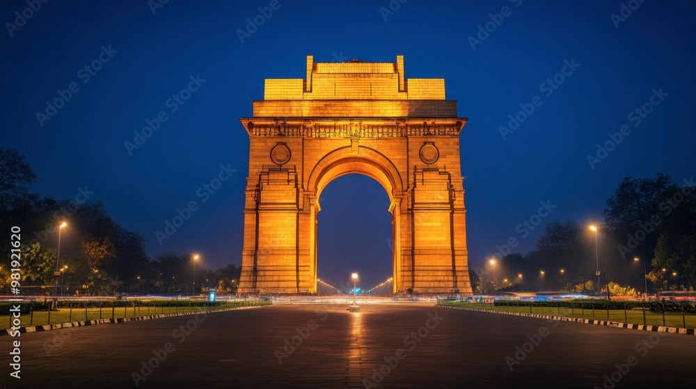The iconic India Gate in New Delhi, illuminated at night. The iconic India Gate in New Delhi, illuminated at night.