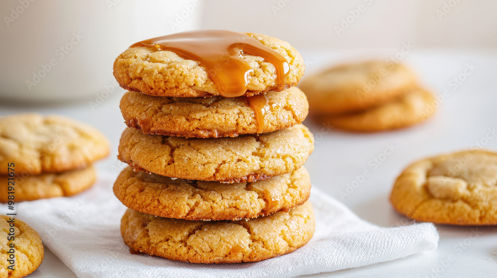 Stack of freshly baked cookies with caramel drizzle, set on a white napkin against a blurred background of more cookies Stack of freshly baked cookies with caramel drizzle, set on a white napkin against a blurred background of more cookies
