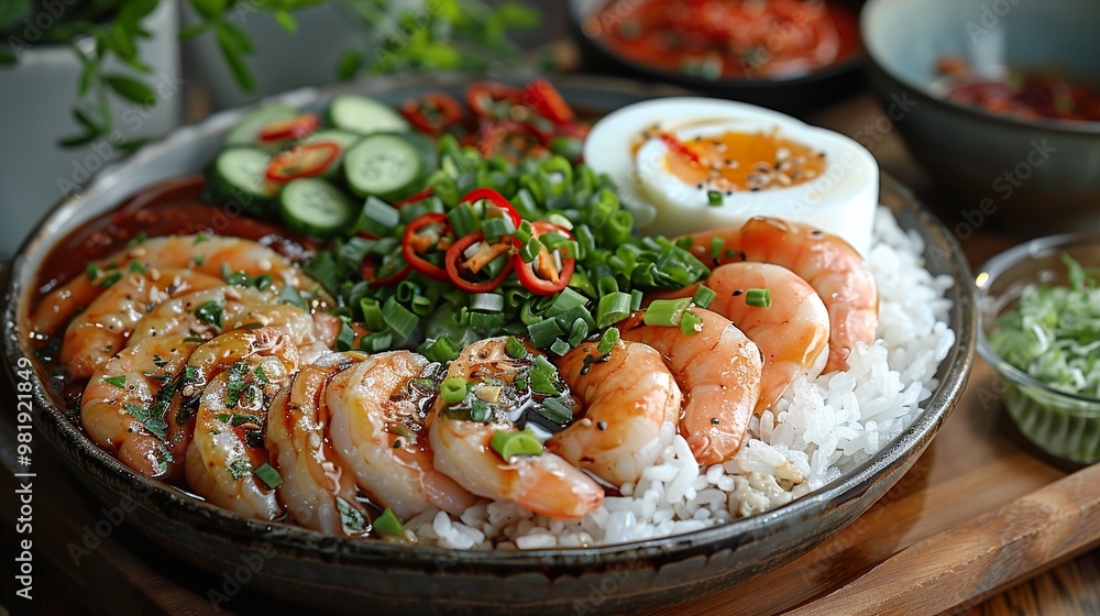 Shrimp and Rice Bowl with Cucumber, Chives, and Egg Shrimp and Rice Bowl with Cucumber, Chives, and Egg
