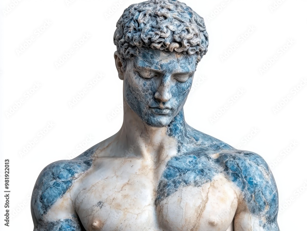 Obraz premium Marble statue of a man with curly hair and a pensive expression