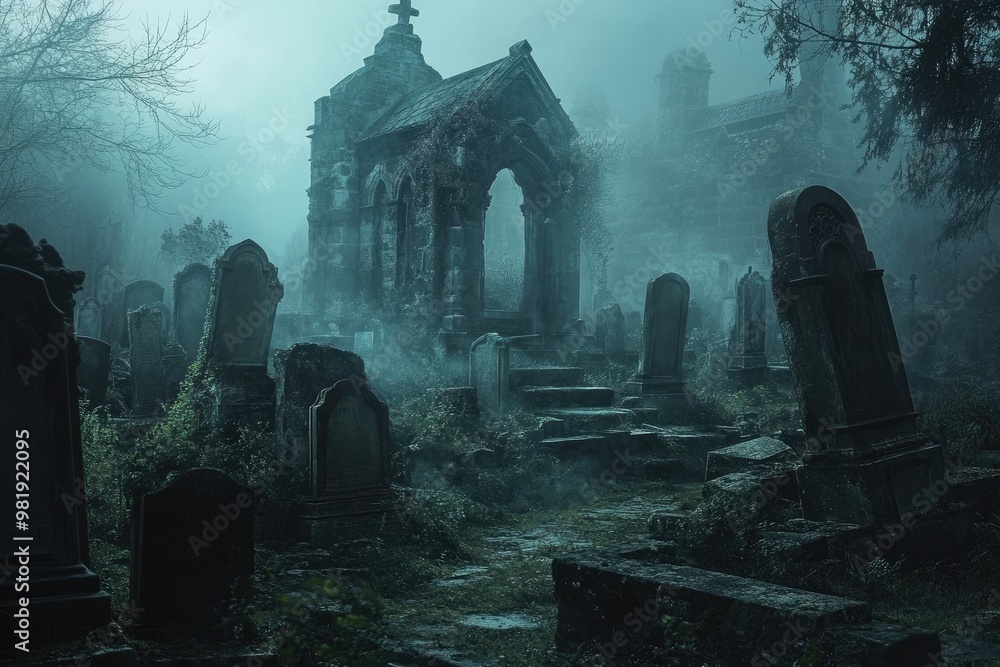 Eerie Graveyard with Stone Archway and Fog Eerie Graveyard with Stone Archway and Fog