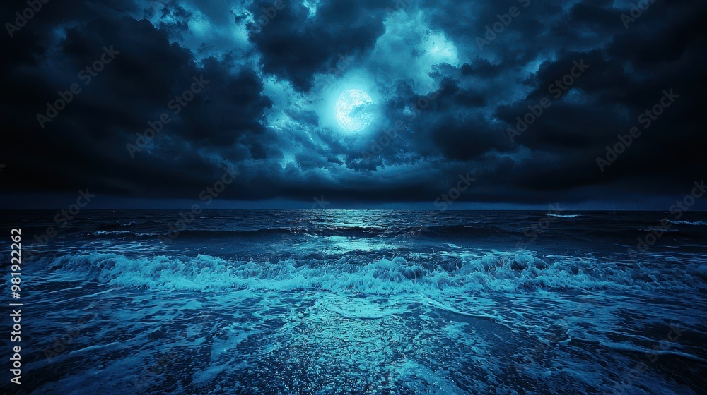 Fototapeta premium Full Moon Over Ocean Waves At Night